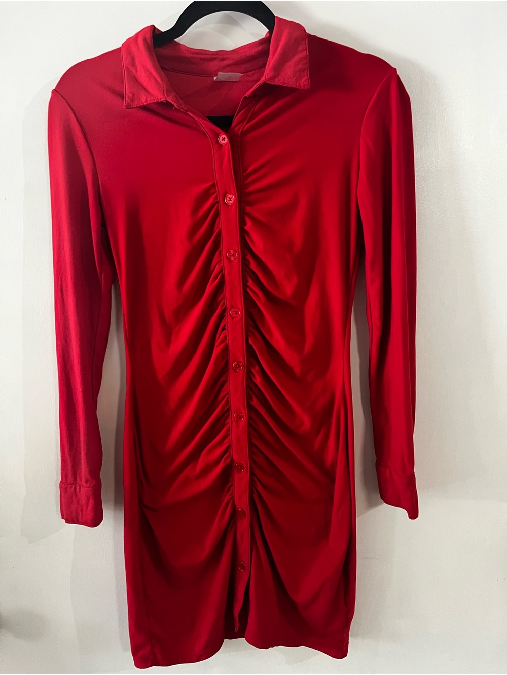 No Boundaries Red Ruched Button-Front Long Sleeve Dress